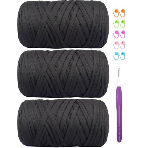 400 g T-Shirt-Elastisches Häkelgarn für DIY-Stricken, Spaghetti-dickes Häkeln, T-Shirt-Garn für Handarbeiten, Taschen, Korb, Kissen, Häkelprojekte, Heimdekoration (schwarz) von SIMEIQI