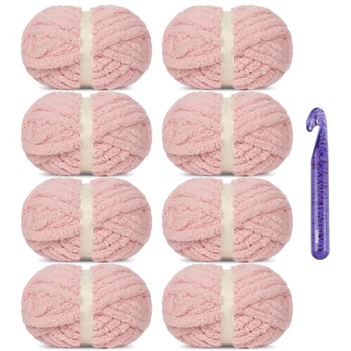 SIMEIQI Grobes Chenille-Garn zum Häkeln, super sperrig, groß, weich, dick, flauschig, flauschiges Plüschgarn für Handstrickdecken, 8 Stück (Rosa) von SIMEIQI