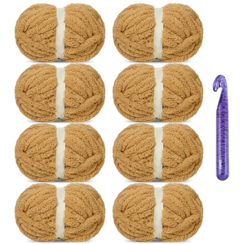 SIMEIQI Grobes Chenille-Garn zum Häkeln, super sperrig, groß, weich, dick, flauschig, flauschiges Plüschgarn für Handstrickdecken, 8 Stück (braun) von SIMEIQI