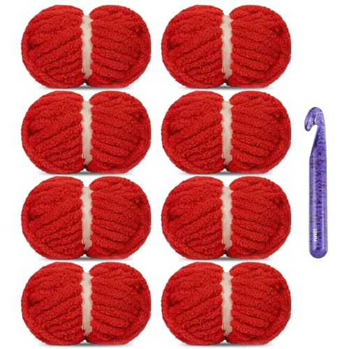 SIMEIQI Grobes Chenille-Garn zum Häkeln, super sperrig, groß, weich, dick, flauschig, flauschiges Plüschgarn für Handstrickdecken, Rot, 8 Stück SIMEIQI Grobes Chenille-Garn zum Häkeln, super sperrig, groß, weich, dick, flauschig, flauschiges Plüschgarn für Handstrickdecken, Rot, 8 Stück von SIMEIQI