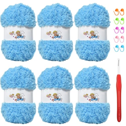 SIMEIQI Weiches Chenille-Garn zum Häkeln, flauschiges Garn zum Stricken und Häkeln, warmes Häkeln für Taschen, Mützen, Schals, Handschuhe, Hausschuhe, Puppen, 6 Stück (Himmelblau) von SIMEIQI