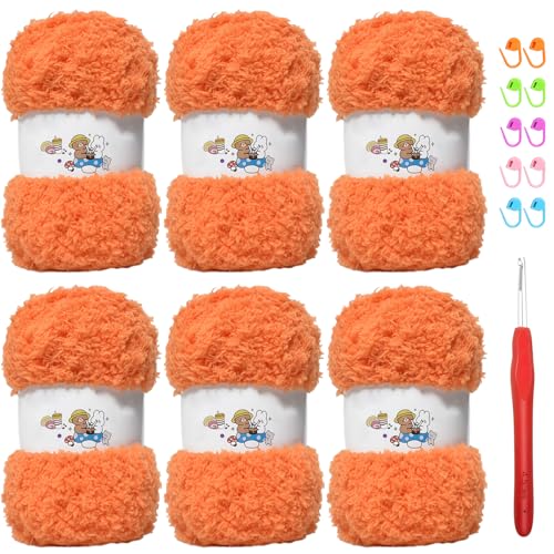 SIMEIQI Weiches Chenille-Garn zum Häkeln, flauschiges Garn zum Stricken und Häkeln, warmes Häkeln für Taschen, Mützen, Schals, Handschuhe, Hausschuhe, Puppen, 6 Stück (Orange) von SIMEIQI