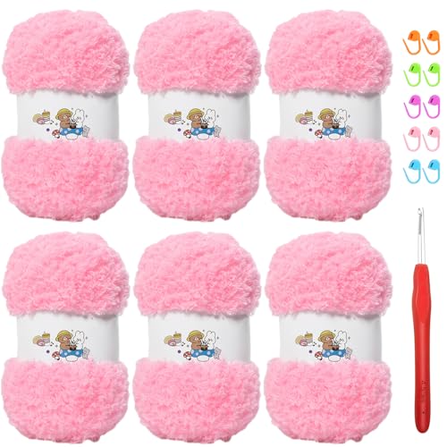 SIMEIQI Weiches Chenille-Garn zum Häkeln, flauschiges Garn zum Stricken und Häkeln, warmes Häkeln für Taschen, Mützen, Schals, Handschuhe, Hausschuhe, Puppen, 6 Stück (Rosa) von SIMEIQI
