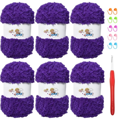 SIMEIQI Weiches Chenille-Garn zum Häkeln, flauschiges Garn zum Stricken und Häkeln, warmes Häkeln für Taschen, Mützen, Schals, Handschuhe, Hausschuhe, Puppen, 6 Stück (Violett) von SIMEIQI