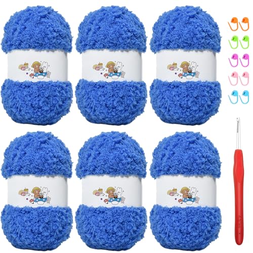 SIMEIQI Weiches Chenille-Garn zum Häkeln, flauschiges Garn zum Stricken und Häkeln, warmes Häkeln für Taschen, Mützen, Schals, Handschuhe, Hausschuhe, Puppen, 6 Stück (blau) von SIMEIQI