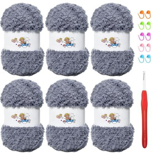 SIMEIQI Weiches Chenille-Garn zum Häkeln, flauschiges Garn zum Stricken und Häkeln, warmes Häkeln für Taschen, Mützen, Schals, Handschuhe, Hausschuhe, Puppen, 6 Stück (grau) von SIMEIQI