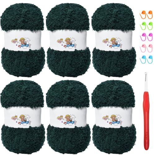 SIMEIQI Weiches Chenille-Garn zum Häkeln, flauschiges Garn zum Stricken und Häkeln, warmes Häkeln für Taschen, Mützen, Schals, Handschuhe, Hausschuhe, Puppen, 6 Stück (grün) von SIMEIQI