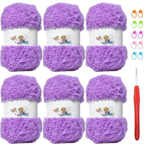 SIMEIQI Weiches Chenille-Garn zum Häkeln, flauschiges Garn zum Stricken und Häkeln, warmes Häkeln für Taschen, Mützen, Schals, Handschuhe, Hausschuhe, Puppen, 6 Stück (lila) von SIMEIQI