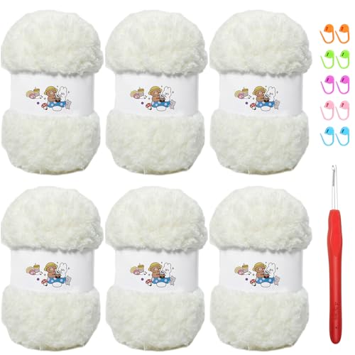 SIMEIQI Weiches Chenille-Garn zum Häkeln, flauschiges Garn zum Stricken und Häkeln, warmes Häkeln für Taschen, Mützen, Schals, Handschuhe, Hausschuhe, Puppen, 6 Stück (milchig) von SIMEIQI