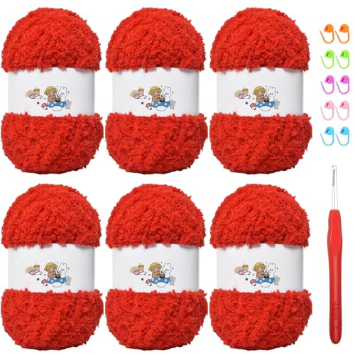 SIMEIQI Weiches Chenille-Garn zum Häkeln, flauschiges Garn zum Stricken und Häkeln, warmes Häkeln für Taschen, Mützen, Schals, Handschuhe, Hausschuhe, Puppen, 6 Stück (rot) von SIMEIQI