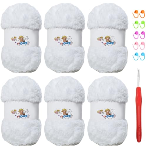 SIMEIQI Weiches Chenille-Garn zum Häkeln, flauschiges Garn zum Stricken und Häkeln, warmes Häkeln für Taschen, Mützen, Schals, Handschuhe, Hausschuhe, Puppen, 6 Stück (weiß) von SIMEIQI
