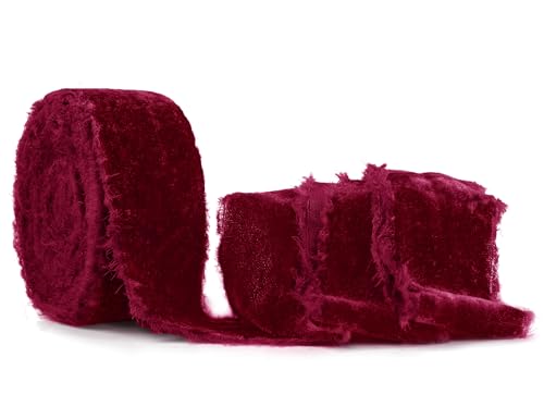 SIMISI RIBBON Burgunderrotes ausgefranstes Samtband, 3,8 cm, handgefertigt, Vintage-Band für Weihnachtsbaum, Geschenkverpackung, Outdoor, Kranz, Girlande, Haarschmuck, Schleifen, Blumenstrauß (6 Yards von SIMISI RIBBON