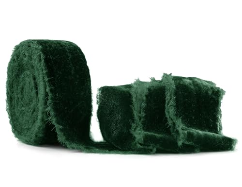 SIMISI RIBBON Dunkelgrünes, ausgefranstes Samtband, 3,8 cm, handgefertigt, Vintage-Band für Weihnachtsbaum, Geschenkverpackung, Outdoor, Kranz, Girlande, Haarschmuck, Schleifen, Blumenstrauß (6 Yards) von SIMISI RIBBON