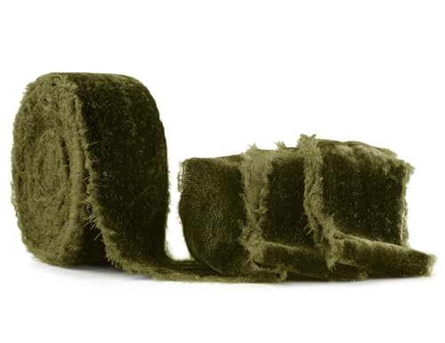 SIMISI RIBBON Moosgrünes, ausgefranstes Samtband, 3,8 cm, handgefertigt, Vintage-Band für Weihnachtsbaum, Geschenkverpackung, Outdoor, Kranz, Girlande, Haarschmuck, Schleifen, Blumenstrauß (6 Yards) von SIMISI RIBBON