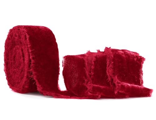SIMISI RIBBON Rotes ausgefranstes Samtband, 3,8 cm, handgefertigt, Vintage-Band für Weihnachtsbaum, Geschenkverpackung, Outdoor, Kranz, Girlande, Haarschmuck, Schleifen, Blumenstrauß (6 Yards) von SIMISI RIBBON