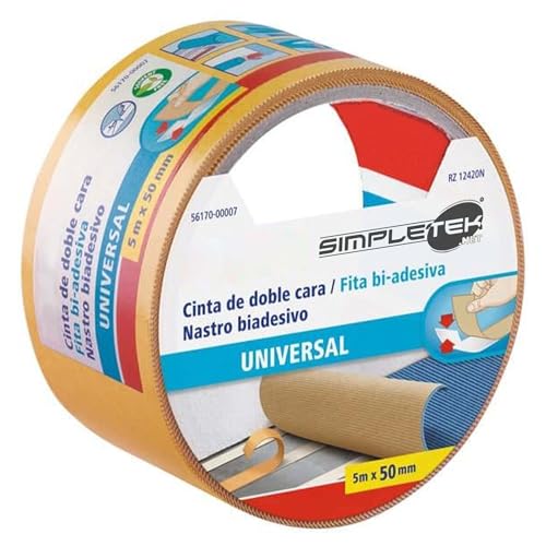 SIMPLETEK - Doppelseitiges Universal-Klebeband, 5 m x 50 mm, für Büro, Haus, Heimwerker, geeignet für Teppichböden, Fotos, Dekorationen, kreative Projekte (1 Stück) von SIMPLETEK