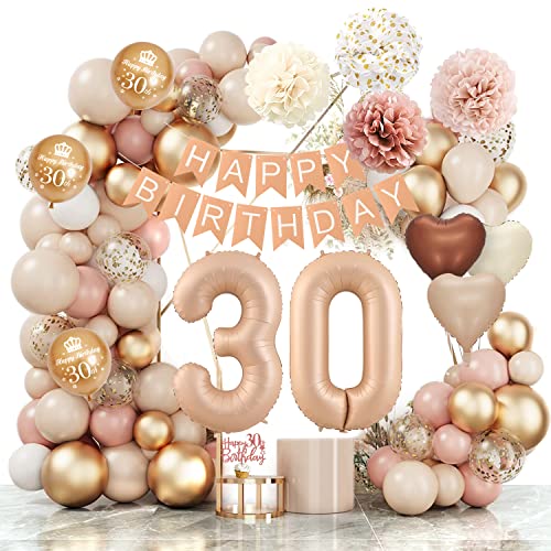 30 Jahre Geburtstagsdeko Ballon, Boho Luftballon Beige Happy Birthday Girlande Ballons Beige Vintage Rosa Weiß Konfetti Luftballons Pompon Geburtstag Dekoration für Boho Geburtstag Frauen Mädchen von SIMSPEAR