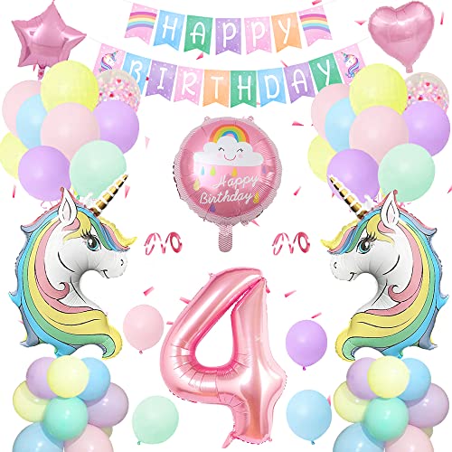 Einhorn Geburtstagsdeko 4 Jahre,Einhorn Deko Kindergeburtstag Set Pastell mit Große Zahl 4 Folienballon,2 Riesige Einhorn Luftballons,Happy Birthday Banner für mädchen Geburtstags Dekoration von SIMSPEAR