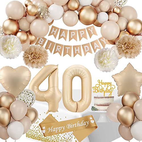 40 Geburtstag Deko Frauen, Deko 40 Geburtstags Frauen, Geburtstagsdeko Beige Gold Ballon Deko mit Happy Birthday Girlande Geburtstagsschärpe Tischdecke Pompons für 40. Geburtstag Frauen von SIMSPEAR