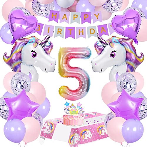 Einhorn Geburtstagsdeko 5 Jahre,Einhorn Deko Kindergeburtstag Set mit Einhorn Luftballons,Cake Topper,lila und Rosa Luftballons,Happy Birthday Girlanden,Tischdecke Einhorn für 5. Geburtstagsdeko von SIMSPEAR