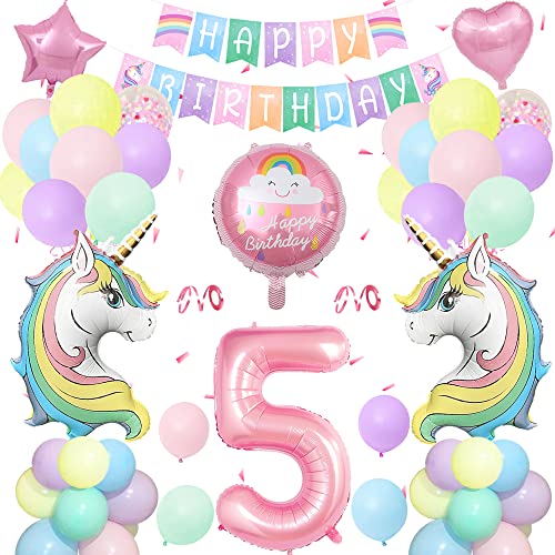 Einhorn Geburtstagsdeko 5 Jahre,Einhorn Deko Kindergeburtstag Set Pastell mit Große Zahl 5 Folienballon,2 Riesige Einhorn Luftballons,Happy Birthday Banner für mädchen Geburtstags Dekoration von SIMSPEAR