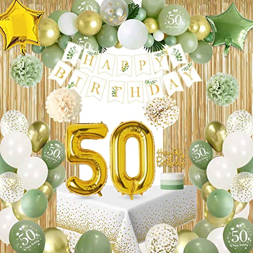 Globos 50 Cumpleaños,Decoracion 50 Cumpleaños Verdes con Cortina de Lluvia,Pancarta de Feliz Cumpleaños,Pompones,Mantel,Decoracion Fiesta de 50 Cumpleaños para Hombres y Mujeres von SIMSPEAR