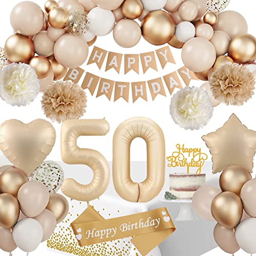 50 Geburtstag Deko Frauen, Deko 50 Geburtstags Frauen, Geburtstagsdeko Beige Gold Ballon Deko mit Happy Birthday Girlande Geburtstagsschärpe Tischdecke Pompons für 50. Geburtstag Frauen von SIMSPEAR