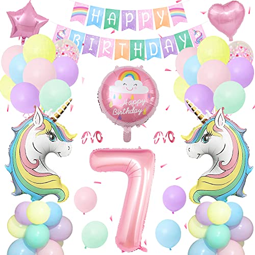 Einhorn Geburtstagsdeko 7 Jahre,Einhorn Deko Kindergeburtstag Set Pastell mit Große Zahl 7 Folienballon,2 Riesige Einhorn Luftballons,Happy Birthday Banner für mädchen Geburtstags Dekoration von SIMSPEAR
