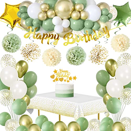 Geburtstagsdeko Grün Gold,Geburtstagsdeko Mädchen Frauen mit Avocado Grüne Luftballons Happy Birthday Girlande Banner Kuchen Topper Tischdecken Pompons für Männer Frauen Deko Geburtstag von SIMSPEAR