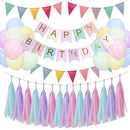 Geburtstagsdeko Mädchen, Happy Birthday Girlande Kindergeburtstag Deko, Party Deko Geburtstag mit Pastel Luftballon Wimpel Banner, Happy Birthday Deko Geburtstag Mädchen Junge von SIMSPEAR