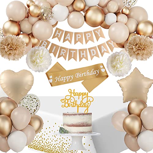 Geburtstagsdeko Mädchen Frauen, Deko Geburtstag Beige, Luftballons Geburtstag Dekoration mit Happy Birthday Girlande Geburtstagsschärpe Tischdecke Pompons für Party Deko Geburtstag Frauen Mädchen von SIMSPEAR