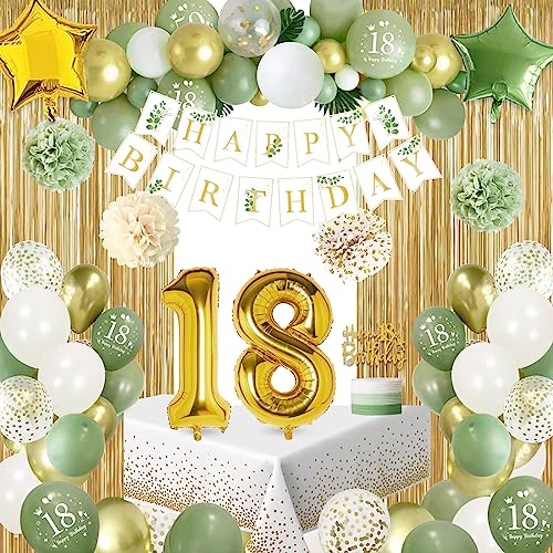 SIMSPEAR Globos 18. Geburtstag Verdes, Dekoration mit Cortina de Lluvia, Pancarta de Feliz Cumpleaños, Pompones, Mantel, für Kinder und Mädchen von SIMSPEAR