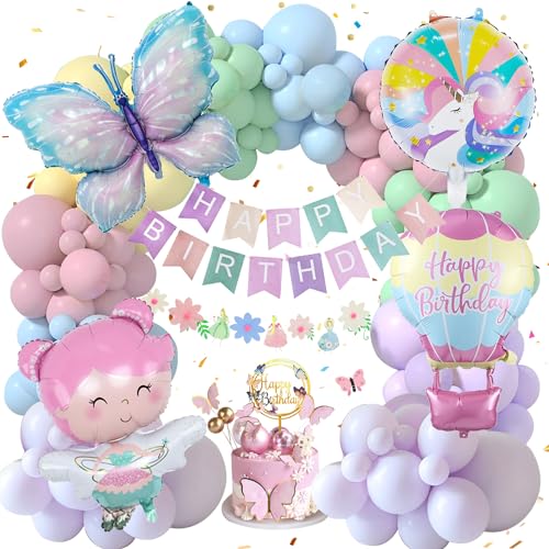 SIMSPEAR Einhorn Deko Kindergeburtstag, Schmetterlingsballon Geburtstagsdeko mit Happy Birthday Banner, Fee Ballon Schmetterling Aufkleber, Einhorn Party Deko für Mädchen Geburtstags Deko von SIMSPEAR