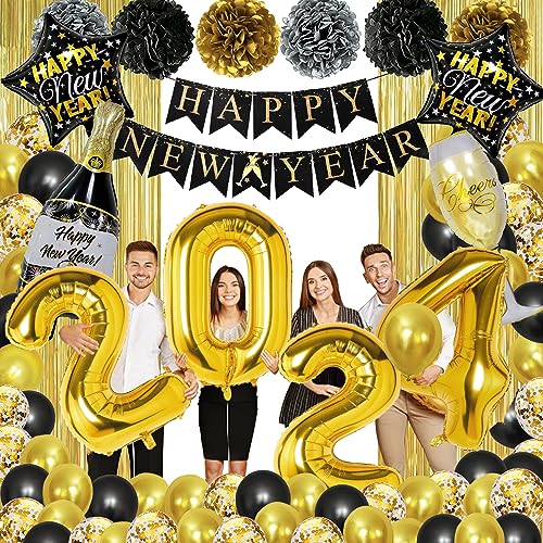 Silvester Deko Party 2024,Deko Silvester Party 2024 Schwarz Gold Luftballons Set mit 2024 Luftballons, Happy New Year Deko Schwarz Gold Girlande,Pompoms,Regenvorhang für Neujahr Deko 2024 von SIMSPEAR