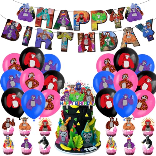 Gorilla Geburtstagsparty Zubehör 32 Stück Gorilla Party Dekorationen Tortendeko Cupcake Toppers Party Banner Party Luftballons für Geburtstagsparty von SIMUER