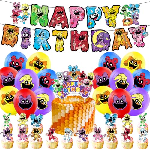 Lächelnde Viecher Geburtstagsparty Zubehör 30 Stück Smile Zirkus Party Dekorationen Tortendeko Cupcake Toppers Party Banner Party Luftballons für Geburtstagsparty von SIMUER