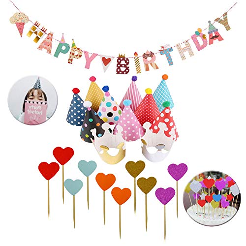 SIMUER 23PCS Geburtstag Dekoration Set Happy Birthday Girlande Partyhüte Party Kegel Hüte mit Pom Poms und 10 Kuchen Dessert Karte von SIMUER
