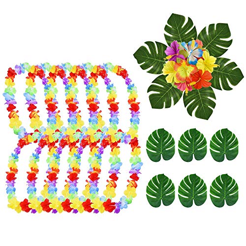 SIMUER 46 Stück Tropische Party Dekoration liefert, Hawaii Blumenketten Hawaiikette Halskette 8'' Tropical Palm Monstera Blätter und Hibiskusblüten,Halsketten für Kinder für Luau Lei Party von SIMUER
