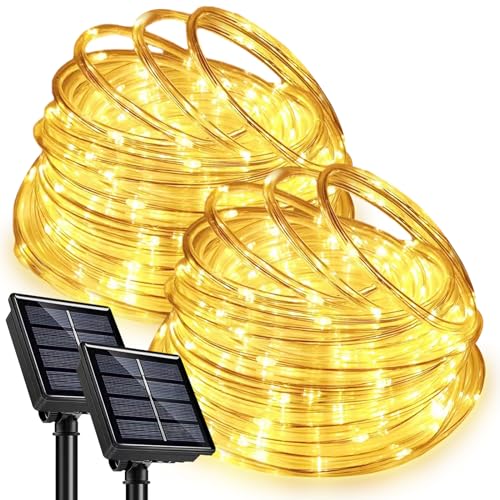 [2 Stück] 100 LED Solar Lichtschlauch, 12M Außen Lichterkette Schlauch Glasklar, LED Lichterketten Außen Warmweiß für Hochzeit, Party und Weihnachten, Die Terasse von SINGCHUNGTE