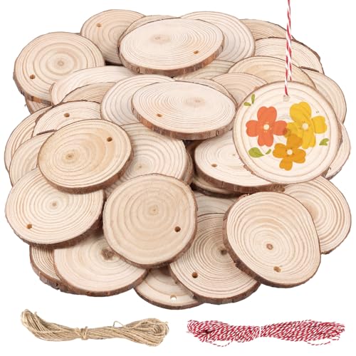 SINJEUN 100 Stück Holzscheiben 6-7 cm, Klein Natur Baumscheiben mit Loch und Seil, Unvollendete Holzscheiben zum Basteln, Naturholzscheiben für DIY Handwerk, Deko von SINJEUN