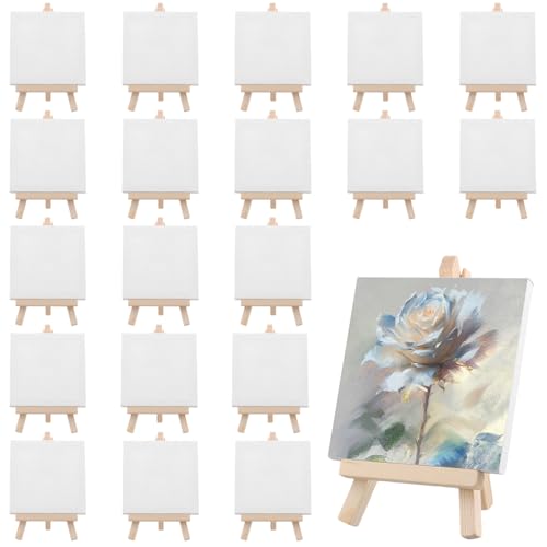 SINJEUN 20 Stück Mini Leinwand mit Staffelei, 8 x 15 cm Staffelei mit 10 x 10 cm Mini Leinwand Set für Hochzeit Dekoration von SINJEUN