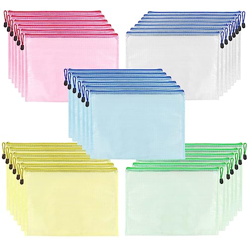SINJEUN 30 Stück 5 Farben A5 Kunststoff-Brieftaschen, Kunststoffhüllen mit Reißverschluss, Dokumententasche für Papier, Akten und Bastelmaterialien von SINJEUN