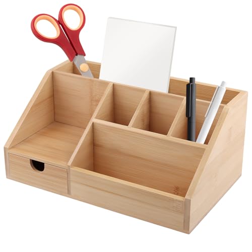 SINJEUN Holz Schreibtisch Organizer, Büro Organizer mit Schublade und Stiftehalter, Bambus Stifteköcher Schreibtischablage Schreibtischorganizer, 24,5 x 15 x 11 cm von SINJEUN