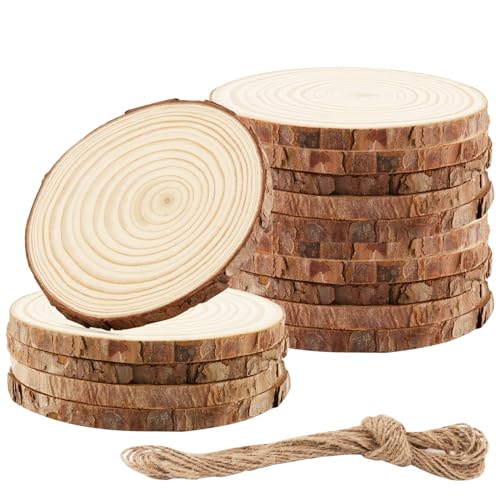 SINJEUN Holzscheiben 15 Stücke Baumscheiben 12-13cm mit 10m Jute Seil, Runde Naturholz Holzscheibe für DIY Handwerk, Hochzeit Mittelstücke, Weihnachten Dekoration, Untersetzer holz, Ca.10mm Dicke SINJEUN Holzscheiben 15 Stücke Baumscheiben 12-13cm mit 10m Jute Seil, Runde Naturholz Holzscheibe für DIY Handwerk, Hochzeit Mittelstücke, Weihnachten Dekoration, Untersetzer holz, Ca.10mm Dicke von SINJEUN
