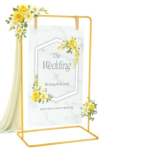 SINOJOY Hochzeits-Willkommensschild-Ständer, "Welcome to Our Wedding Sign Holder", eine Metall-Staffelei mit verstellbaren Lederriemen, hängender Hintergrund für die Präsentation von Sitzdiagrammen von SINOJOY