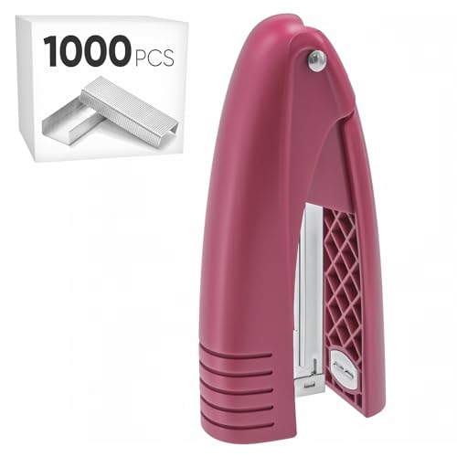 Stehhefter mit 1000 Standardklammern (24/6), ergonomisches Design, weicher Griff, tragbar, klein, für Zuhause, Büro, Schule (rot) von SINORS