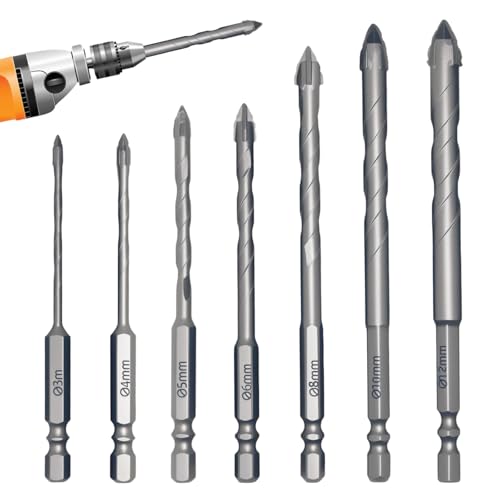 7 Stück Exzentrischer Bohrer mit Vier Nuten und Sägezahnung, Exzenterbohrer-Set, Bohrer-Set mit Hoher Härte Abgeschrägter Spitze, Powerbit Sägezahnbohrer für Beton, Glas(3/4/5/6/8/10/12 MM) von SINRAD
