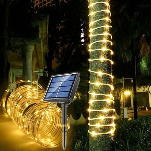 SIOOUI Solar LED Lichterkette Außen, IP65 Wasserdicht Lichtschlauch mit 8 Beleuchtungsmodi, 12m/39.4ft 100LEDs Seil Lichterkette, Solar Dekoration Lichter für Terrasse, Garten, Baum, Party (Warmweiß) von SIOOUI