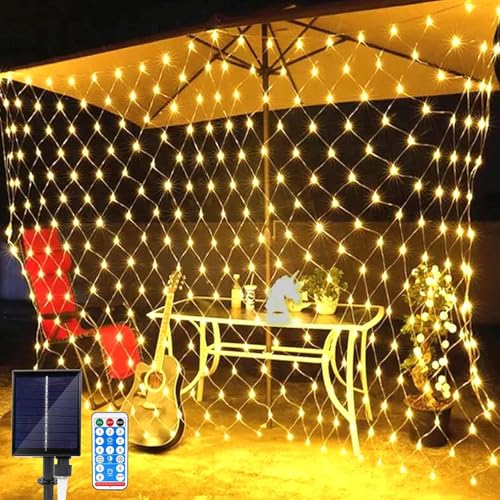 SIOOUI Solar-Netzlichter für den Außenbereich, 3 m x 2 m, 192 LEDs, solarbetriebene Netzlichter mit Fernbedienung, 8 Modi, wasserdichte Netz-Lichterkette für Garten, Balkon, Zaun, Hof, Dekor (Warmweiß von SIOOUI