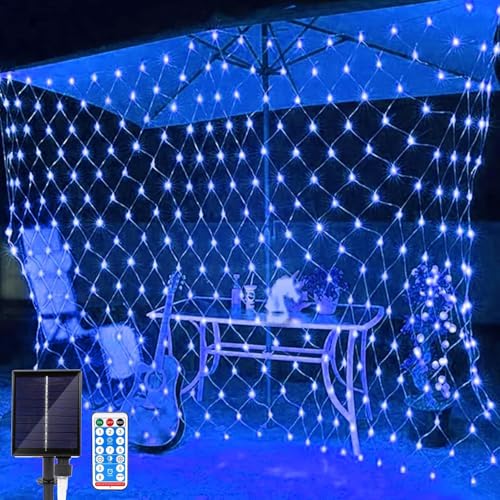 SIOOUI Solar-Netzlichter für den Außenbereich, 3 m x 2 m, 192 LEDs, solarbetriebene Netzlichter mit Fernbedienung, 8 Modi, wasserdichte Netz-Lichterkette für Garten, Balkon, Zaun, Hof, Dekor (blau) von SIOOUI